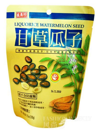 甘草瓜子：由西瓜子与甘草调理烘培而制成，小零嘴的最好选择。19元/袋。