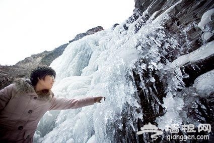 今天上午，游人用手触摸冰瀑，看冰有没有冻瓷实 摄/记者杨威
