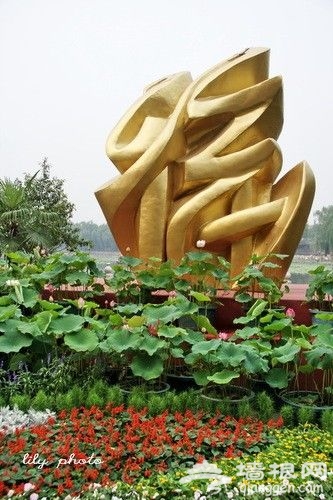 北海公园荷花环绕的&ldquo;福&rdquo;字花坛