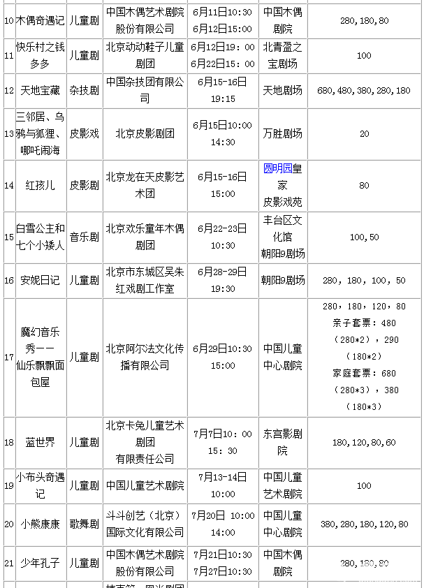 2013六一北京演出活动时间表一览