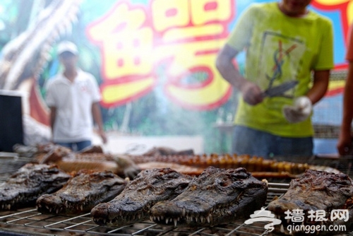 广西南宁美食节现生烤鳄鱼