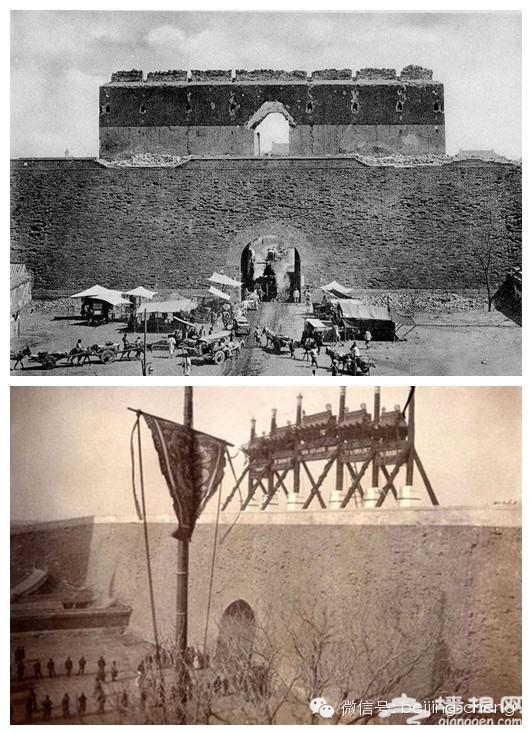 第二张图片拍摄于1902年慈禧光绪两宫回銮，当时正阳门城楼还未修复，只能用纸糊的彩牌楼充当一下门面。