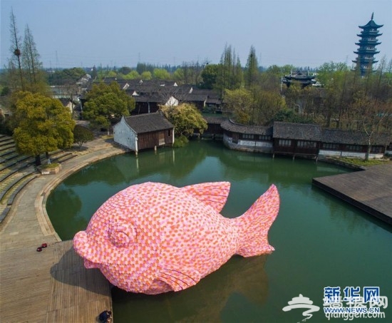 3月27日,粉红色的“浮鱼”首次亮相水乡乌镇西栅景区水剧场。这件作品是“大黄鸭之父”弗洛伦泰因·霍夫曼根据乌镇西栅景区内“水剧场”的空间环境而创作,也是即将开幕的“乌镇国际当代艺术邀请展”的重要参展作品之一。 3月28日至6月26日,“乌镇国际当代艺术邀请展”将在浙江省桐乡市乌镇景区内举行,展览汇集来自15个国家和地区的40位(组)艺术家的55组(套)130件作品,包括绘画、雕塑、摄影、装置、影像、动画、行为、声音等多媒介方式。新华社记者 徐昱 摄
