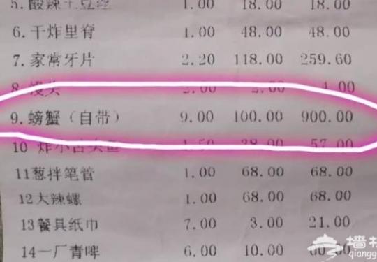 网民称“青岛一饭店加工9斤螃蟹收900”