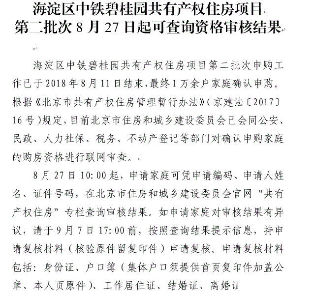 海淀区中铁碧桂园共有产权住房第二批次资格审核结果8月27日起可查询[墙根网]