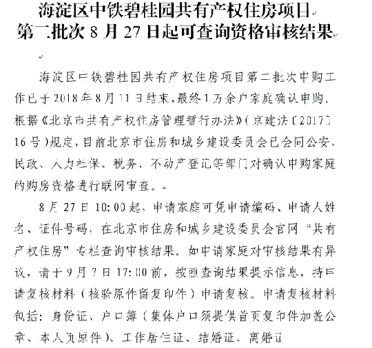 海淀区中铁碧桂园共有产权住房第二批次资格审核结果8月27日起可查询