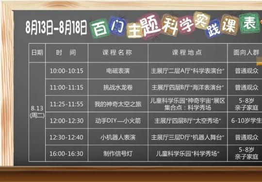 中国科学技术馆：8月13日-8月18日百门主题科学实践课表