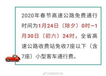 2020春节高速免费时间(开始时间+结束时间)