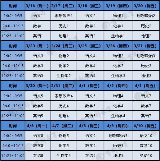 2020北京空中课堂课程表一览