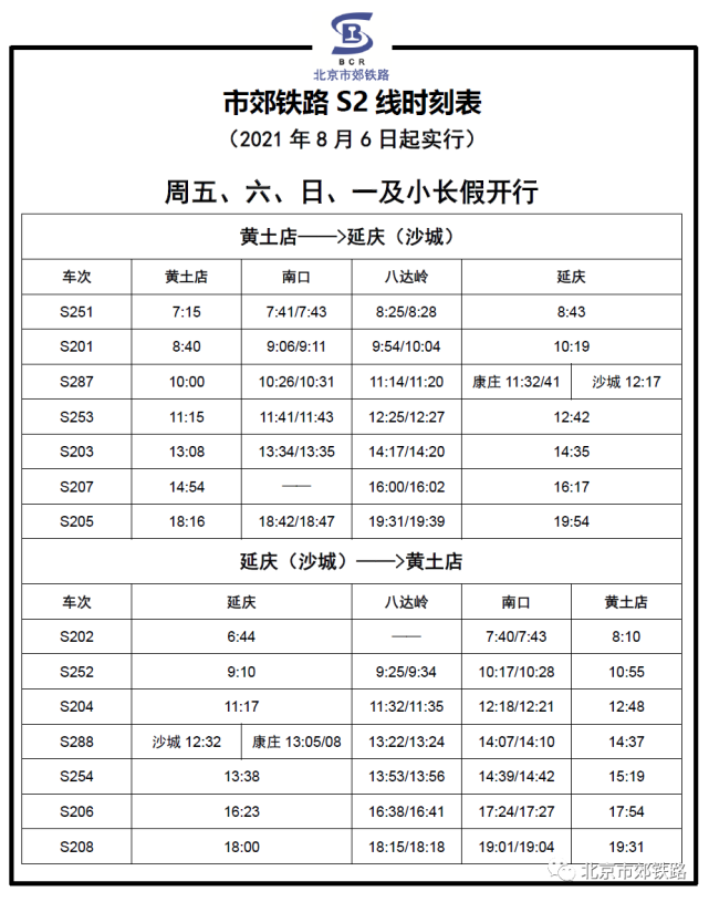北京S2線2021年最新時刻表（2021年8月6日起執行），中秋節S2線執行小長假7對/日的列車開行方案[墻根網]
