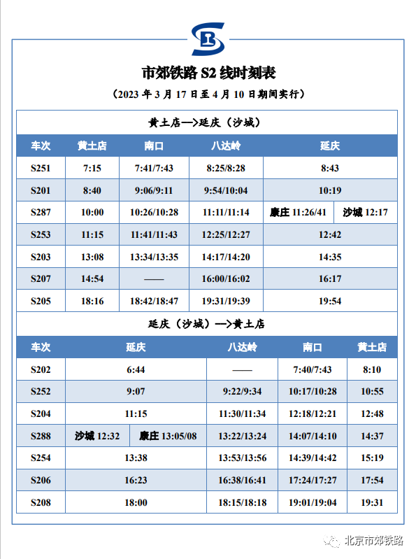 北京S2线2023年最新时刻表（2023年3月17日至4月10日期间执行）[墙根网]