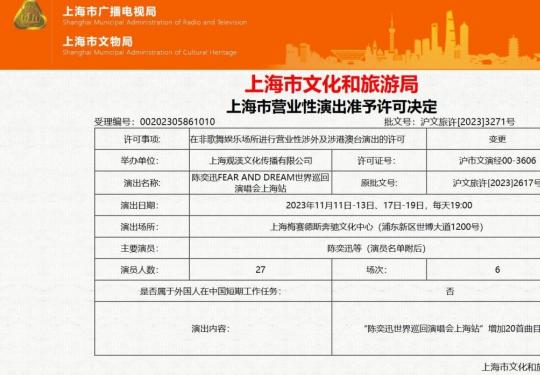 2023陈奕迅上海演唱会时间+地点+门票+主办方